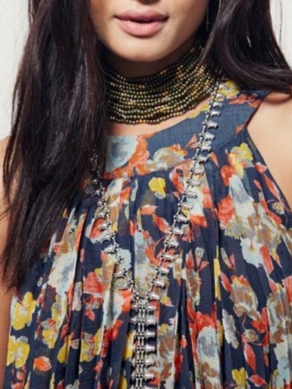 Free People Floral Pleated Halter Mini Dress - Navy Multi - Picture 3 of 6